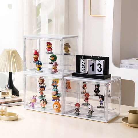 Caixa de exposição acrílica transparente por atacado para figuras de brinquedo, caixa de armazenamento de bonecas para crianças com tampa, dobrável e à prova de poeira