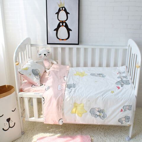 Ensemble de literie pour bébé en coton 100 % biologique avec imprimé éléphant rose personnalisé en gros MU, couverture, housses de lit de bébé pour crèche for sale at factory direct price