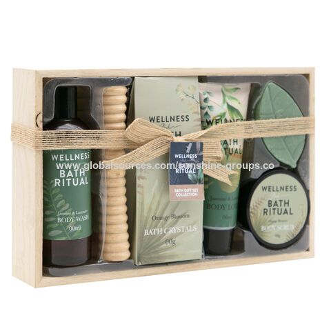 6-teiliges Großhandel-Körperreinigungs-, Peeling-, Entspannungs-, Spa-, Massage-, Blasen-, Hotel-Badezimmer-Dusch-Geschenkset im Holzkasten