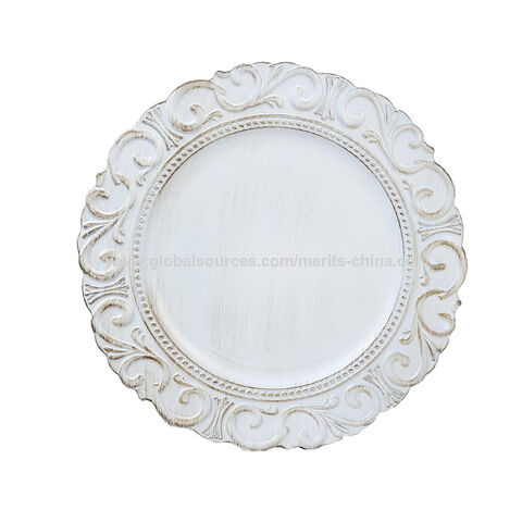 Antique White Charger Plates Set Of 6 - 13 Inch Embossed Plastic Dinner Plate Chargers