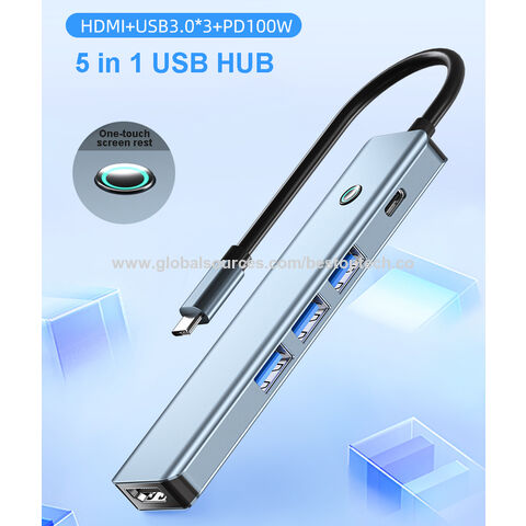 Adaptador 5 en 1 para PC de 100W con pantalla, botón, 3 USB 3.0, PD tipo C, USB-C para teléfono y portátil, estación de acoplamiento USB C Hub
