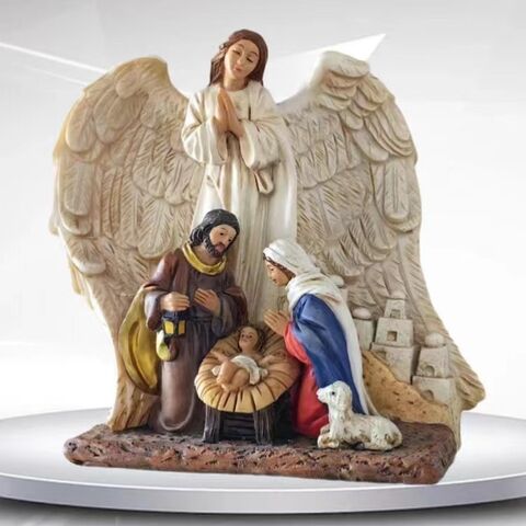 Christmas Decoration Nativity Holy Family with Angel Hand-Painted Polyresin Collection Jesus Figure Statue Christmas Table Decor