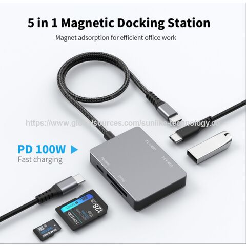 Station d'accueil magnétique 5 en 1 Sunlike, légère, 5 Gbps, PD100W, SD, carte TF, fixation flexible, pour utilisation au bureau