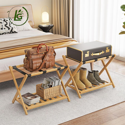 Suporte de bagagem dobrável de madeira personalizável para quarto de hotel, porta-bagagens dobrável para quarto, porta-bagagens de bambu.