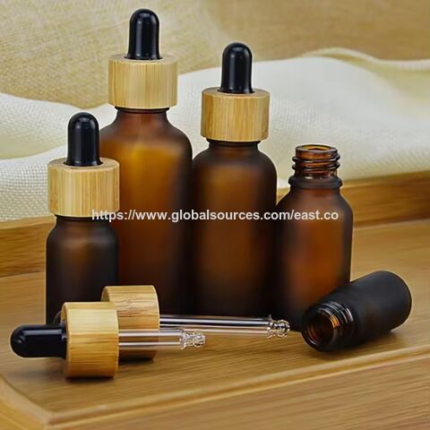Flacon compte-gouttes en verre ambré transparent dépoli avec bouchons compte-gouttes en bambou pour parfum d'huile essentielle 20ml 30ml 50ml