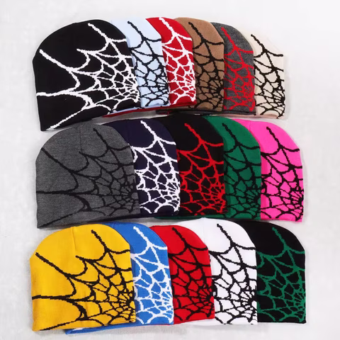 High Quality Custom Logo Jacquard Cobweb Y2k Fashion Vintage Hip Hop Winter Outdoor Unisex Warm Knitted Hat Beanie For Adult for sale at factory direct price