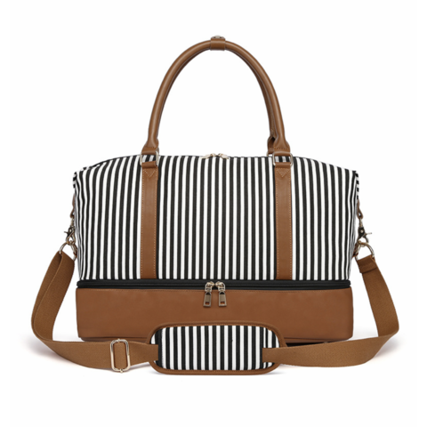 Bolso de viaje para mujer de doble capa, bolso de mano de lona a rayas de alta calidad, bolso de equipaje informal for sale at factory direct price