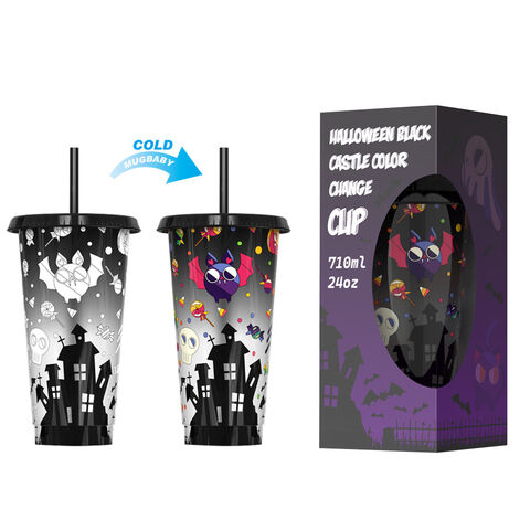 Copo de palha de plástico de verão com mudança de cor de castelo de Halloween criativo personalizado de 24 onças, copo de mudança de cor em caixa de cor
