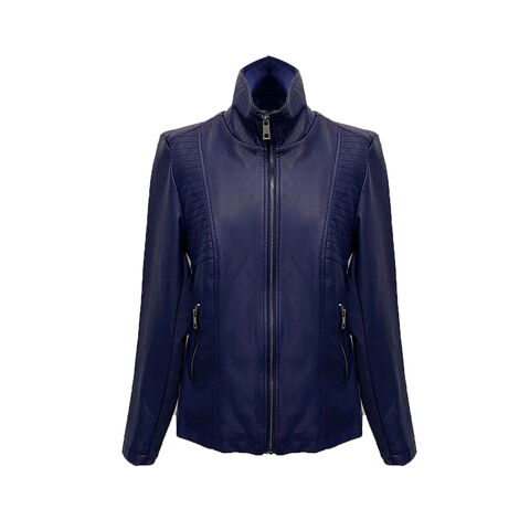 OEM Women's Fashion Blue Stand Collar Faux Leather Jacket for daily for sale at factory direct price
