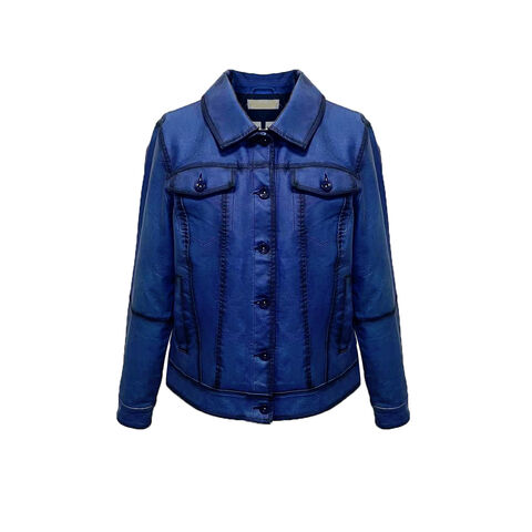 OEM Women's Fashion Blue turn-down collar spray-painting Faux Leather Jacket for daily for sale at factory direct price