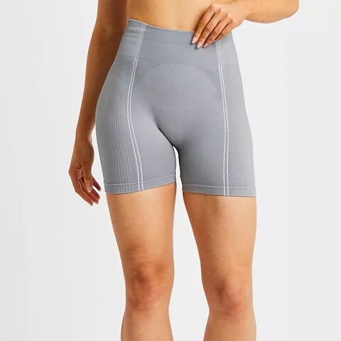 Leggings cortos de yoga de cintura alta con detalles de canalé a la moda, ropa de gimnasio, pantalones cortos deportivos sin costuras personalizados para mujer