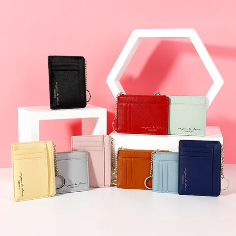 Benutzerdefiniertes Logo Multi-Color PU Leder Kreditkartenhalter Brieftasche Slim Soft Reißverschluss Damen Münzfach Mini Schlüsselanhänger Kleine Geldbörse Großhandel