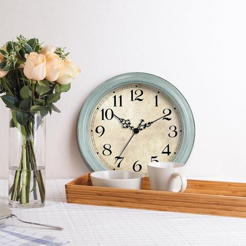 Reloj de pared de 30 cm, funciona con pilas, reloj de cocina color verde azulado, silencioso, sin tictac, reloj decorativo vintage aguamarina para sala de estar