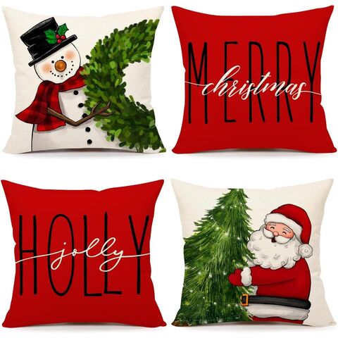 Cojín Navideño Rojo para Sala de Estar MU, Juego de 18x18, Decoraciones Navideñas de Granja, Cojín de Muñeco de Nieve, Corona, Santa for sale at factory direct price