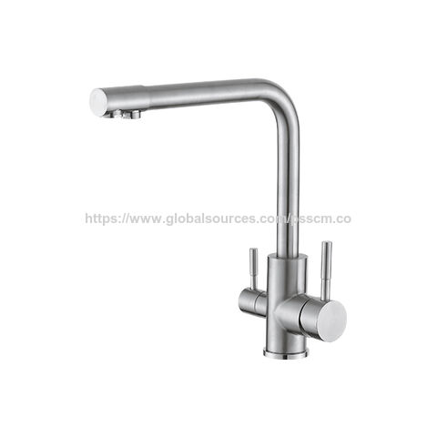 Grifo de cocina de acero inoxidable con doble manija para agua potable, grifo purificador de cocina giratorio de 360 grados for sale at factory direct price