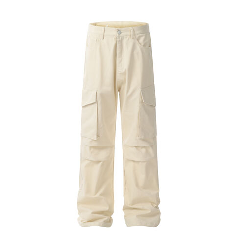 Retro Wide-Leg Latzhose in voller Länge mit mehreren Taschen, lockere trendige Herren- und Damenhose, apricotfarbene Hose