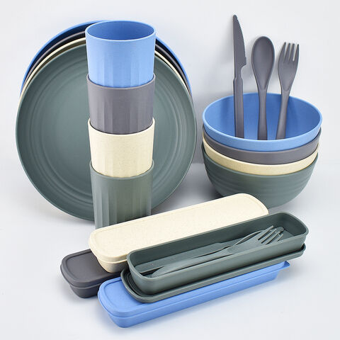 Ensemble de Vaisselle en Paille de Blé, Assiette, Bol et Tasse en Plastique Léger et Incassable pour Camping, Camping-Car, Pique-Nique, Cuisine, Résidence Universitaire for sale at factory direct price