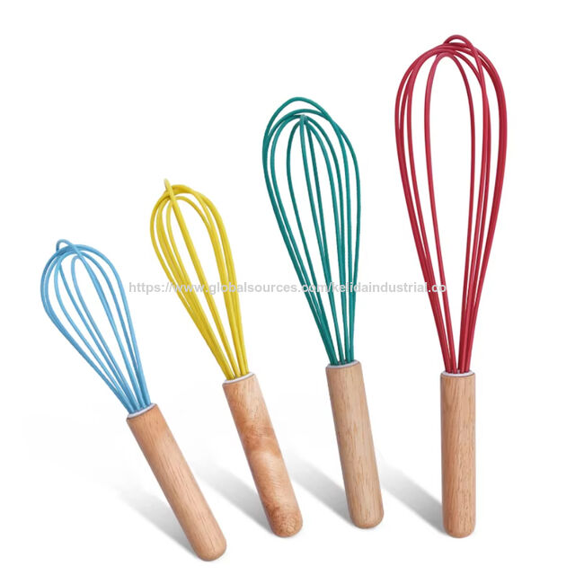 Batedores de cozinha coloridos, batedor de leite, creme de leite, batedor de ovos, cabo de madeira, batedor de ovos de silicone, batedor de creme para uso profissional e doméstico