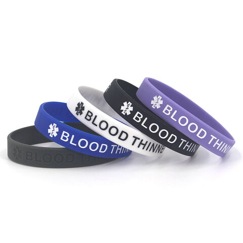 Clearance Wholesale Silicone Wristband Blood Thinner Silicone Wrist Band Debossed Inkfilled band for Medical Prompting Free Sample for sale at factory direct price