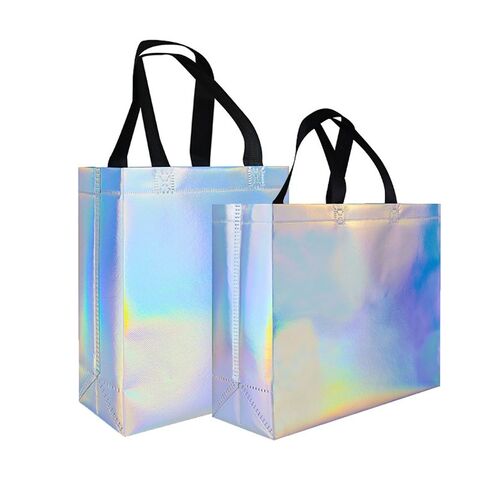 Bolsa de tela no tejida reutilizable con logo personalizado, multicolor, pequeña, para regalos, bolsas brillantes holográficas para obsequios