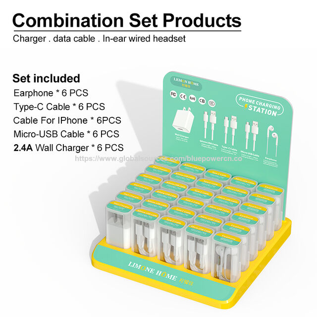 Ensemble Combiné d'Accessoires pour Téléphones Mobiles : Chargeur USB, Écouteurs et Présentoir pour Cellulaires for sale at factory direct price
