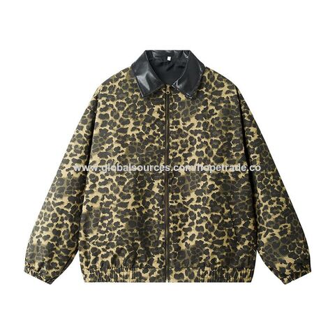Precio de fábrica al por mayor espalda alta chaquetas casuales los hombres del estampado leopardo diseño la cremallera collar soporte azul desgaste amarillo M-3XL ropa