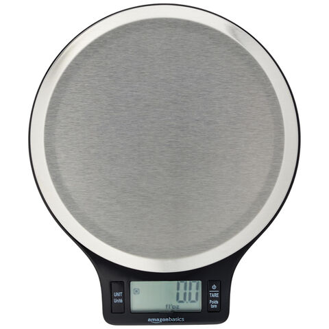 Balance de Cuisine Digitale Amazon Basics avec Écran LCD, Piles Incluses, Pèse jusqu'à 5 kg, Noir et Acier Inoxydable - Balance Digitale pour Cuisine
