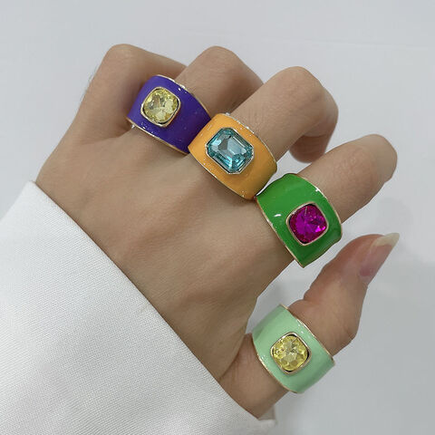 Anillo de Esmalte Joyería para Mujer Verano Colorido Oro de 18k Zircón Diamante de Agua Anillo con Sello de Gema