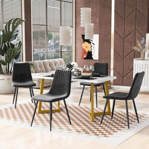 Juego de restaurante con mesa de comedor y 4 sillas, cocina moderna, juego con sillas de comedor de terciopelo negro y mesa de mármol.