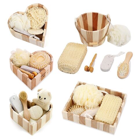 Set de spa con cubo de madera: baño de flores, piedra pómez para pies, peine de masaje, masaje de madera, sisal, logo personalizado