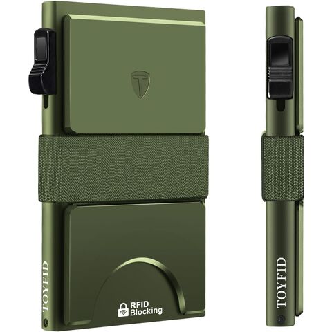 Billetera ultrafina para hombre, tarjetero metálico, tarjetero RFID con panel trasero y correa para billetes, color verde.