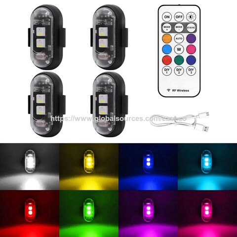 Conjunto de 6 luzes estroboscópicas LED sem fio com controle remoto, 8 cores, carregamento USB, à prova d'água para carro, motocicleta, drone, aeronave, bicicleta.