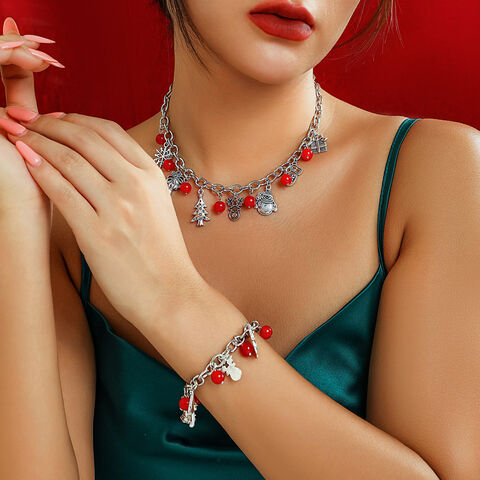 SISSLIA Simple Multi-pendant Christmas Tree Small Bell Festival Snowmen Necklace Creatived Geometric Silver Necklace for Women