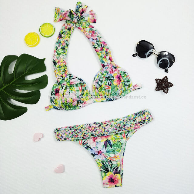 Biquíni feminino Econyl, bojo moldado, detalhe de nós, estampa tropical, conjunto de banho de tecido reciclado - Fornecedor verificado for sale at factory direct price