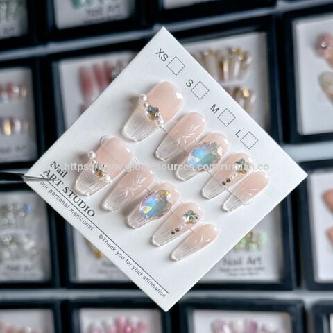 French Style Handmade Press On Nails Fake Fingernails Floral Kitty