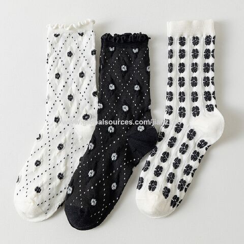 Meias de Algodão para Meninas, Estilo Diário em Preto e Branco de Alta Qualidade, com Design Floral - Meias de Cano Médio no Atacado