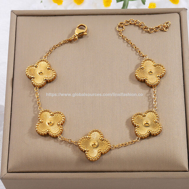 Gelang stainless steel semanggi keberuntungan, perhiasan lapis emas
