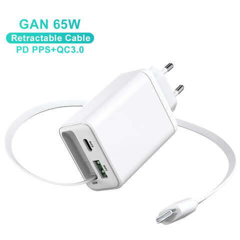 شاحن USB C بقوة 65 واط من النوع C بتصميم عائلي معتمد من KC CE وكابل بيانات قابل للسحب، شاحن سريع GaN بقوة 65 واط لجهاز iPhone والتابلت