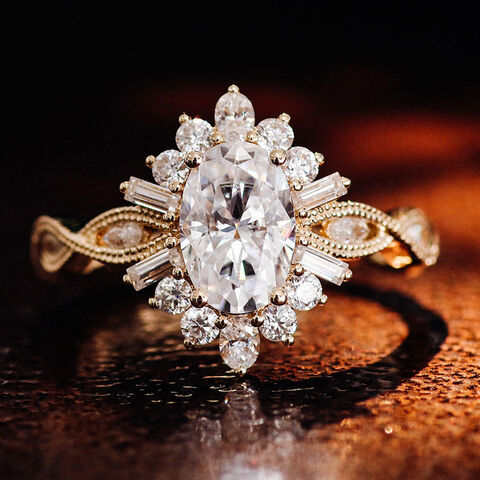 Luxury Jewelry 14K Solid Yellow Gold Vintage Engagement Ring Custom Jewelry GRA Certified Moissanite Diamond Halo Wedding Ring for sale at factory direct price