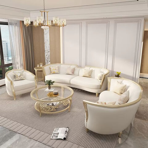 Sofá de madera de lujo 123, combinación para villas grandes, sofá de estilo crema para sala de estar
