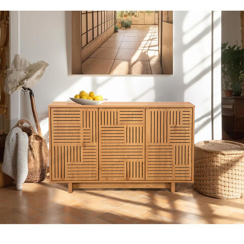Armario de Entrada Ancho con 3 Puertas y 4 Estantes para Almacenamiento de Zapatos, Mueble de Almacenaje de Mediados de Siglo con Puertas de Persiana de Madera, Marrón for sale at factory direct price