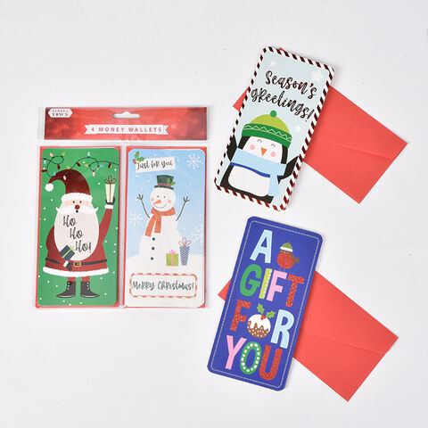 Paquete de 4 billeteras de papel navideñas, diseño nuevo 2025, Papá Noel, muñeco de nieve, patrón navideño, billetera de papel brillante para regalos al por mayor for sale at factory direct price