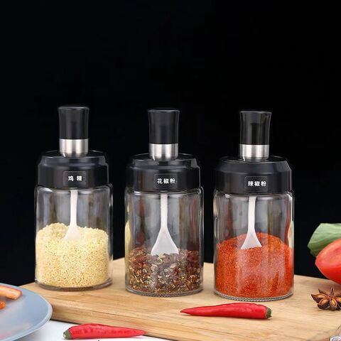 Venta al por mayor de frascos de especias de vidrio transparente de gran capacidad, modernos y sencillos, con cubierta de silicona para uso doméstico en la cocina, juegos de condimentos for sale at factory direct price