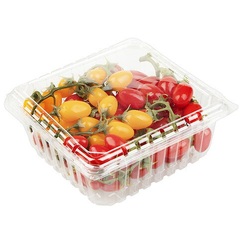 Kotak plastik sekali pakai untuk buah, wadah clamshell plastik PET untuk tomat ceri, wadah clamshell berengsel