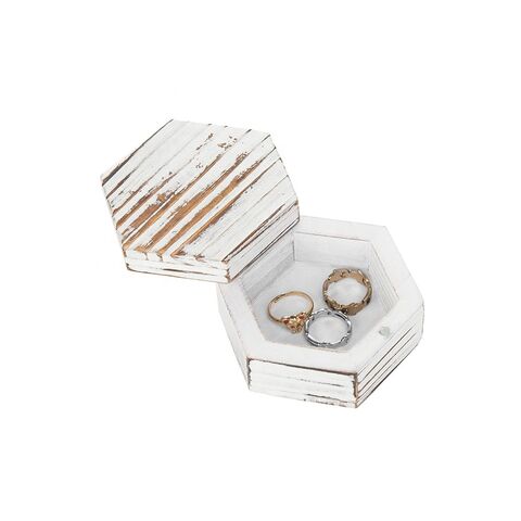 Caja de Anillos de Madera Lavada en Blanco para Ceremonia de Boda, Pequeña Caja de Joyería para Bisutería con Tapa