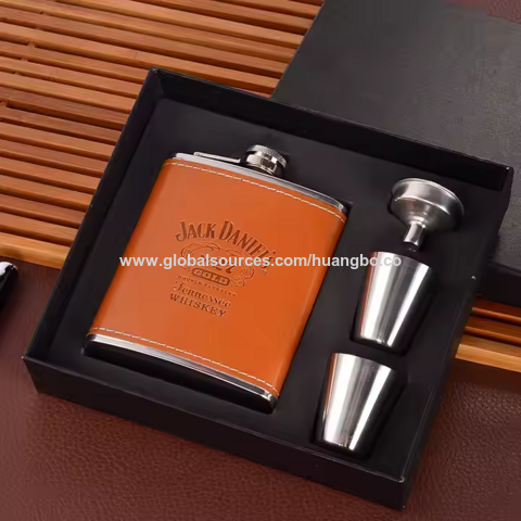 Conjunto de Presente de Cantil de Aço Inoxidável para Whisky em Estoque Para Bebidas Alcoólicas Ao Ar Livre À Prova de Vazamentos Logotipo Personalizado Cantil de Aço Inoxidável 304