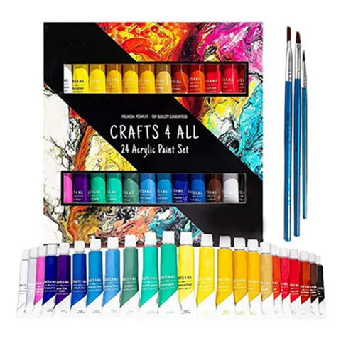 Kits de arte para niños al por mayor, juego de pintura acrílica no tóxica incluye 24 pinturas de 12 ml y 3 pinceles para arte para adultos y niños