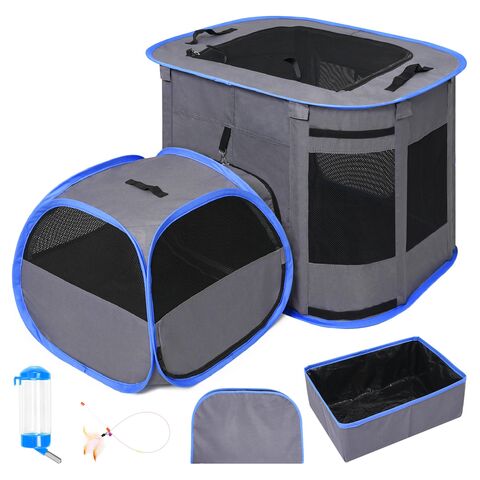 PETEASE Multiple-Purpose Cat Playpen, Foldable Cat Cage,Great For Indoor And Outdoor Use, Cat Tent With A Private Bathroom, Water Bottle And Cat-Teasing Stick, Litter Box And Comfy Waterproof Mat