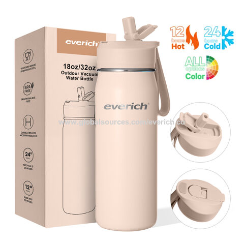 Botella de agua de acero inoxidable de doble pared de 532 ml (18 oz) con aislamiento al vacío, tapa con pajita deportiva y correa de silicona.
