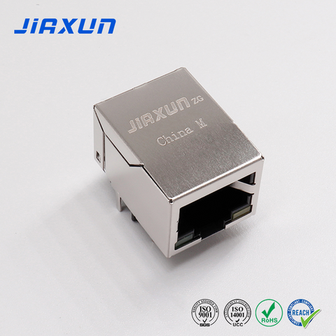JIAXUN JXJ0013BHNL 10/100 Base-T Conector RJ45 Hembra de Puerto Simple de 90 Grados con LED Verde/Amarillo Tab Down